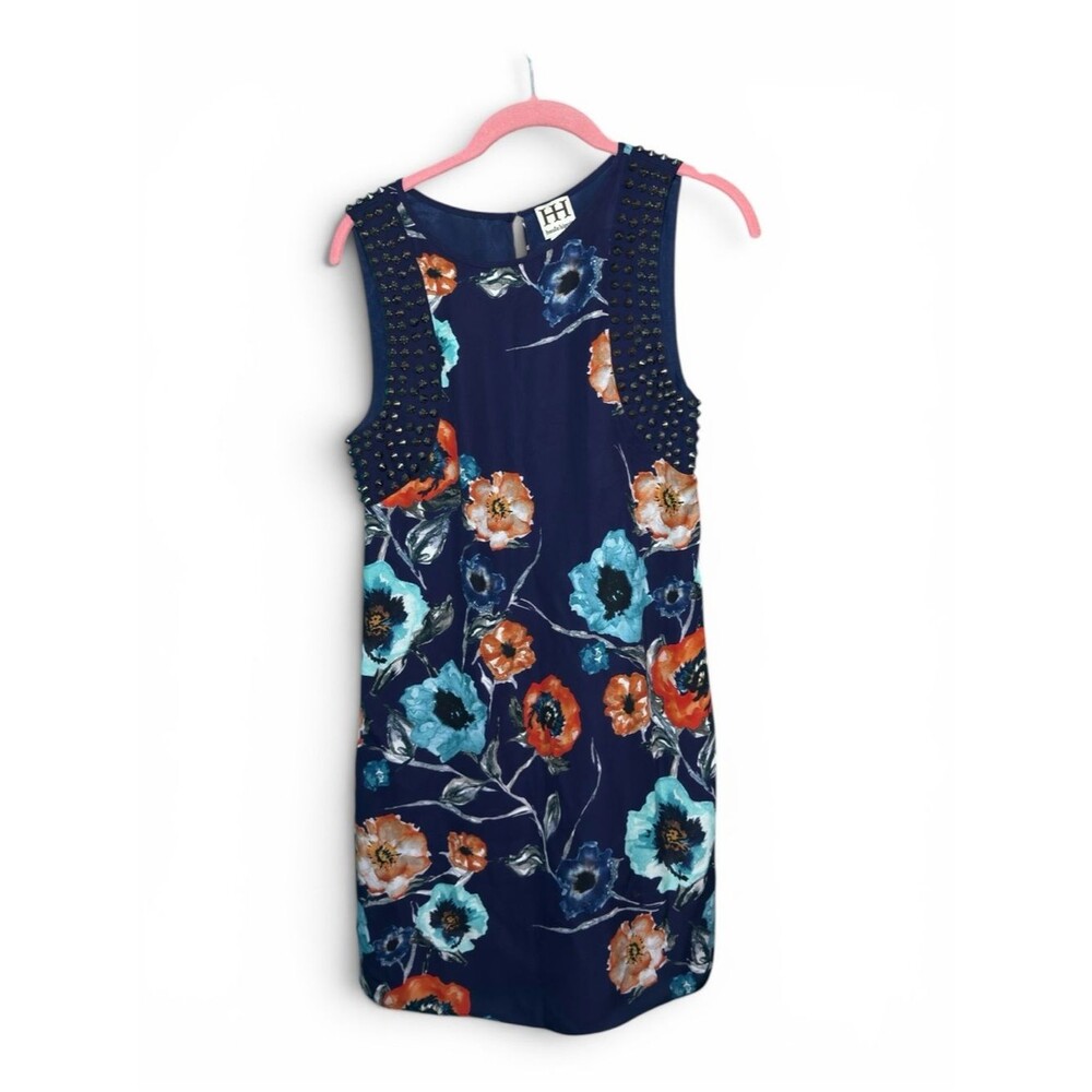 Haute Hippie 100% Silk Studded Floral Shift Dress XS — Designer Luxury Navy